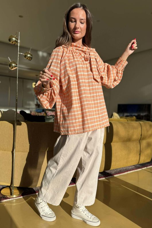 Ophelia Plaid Tie Neck Blouse Soft Aperol /15=